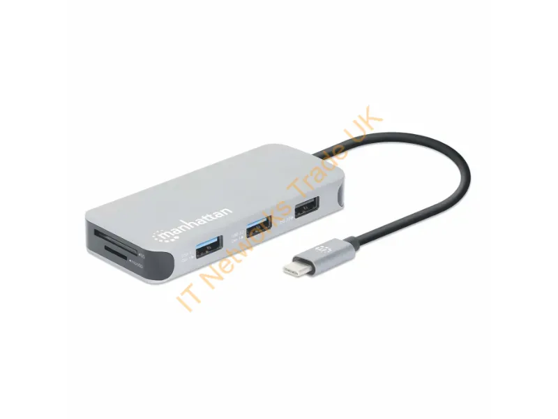 130615 - Manhattan USB-C Dock/Hub with Card Reader, Ports (x6): Ethernet, HDMI, USB-A (x3) and USB-C, With Power Delivery (100W) to USB-C Port (Note additional USB-C wall charger and USB-C cable needed), Universal for all devices, Cable 15cm, Aluminium, Silver