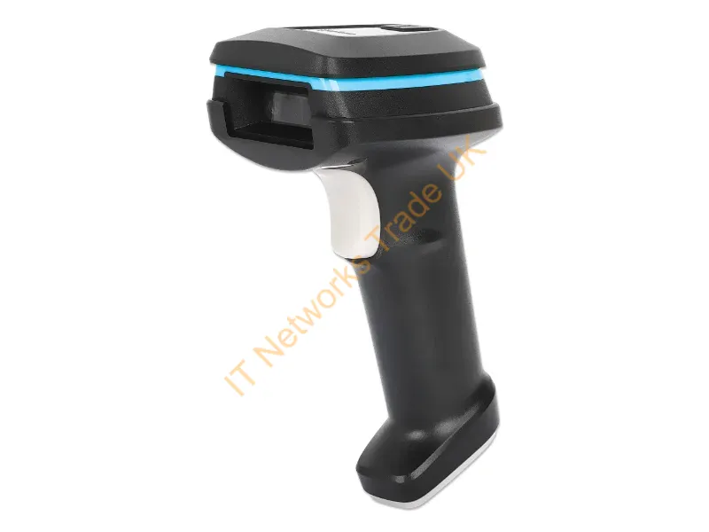 154185 - Manhattan Wireless 2D Handheld Barcode Scanner, 250mm Scan Depth, up to 80m effective range (line of sight), Max Ambient Light 100,000 lux (sunlight), Black, Charging cable (USB-A to USB-C into device) 1m included, Three Year Warranty