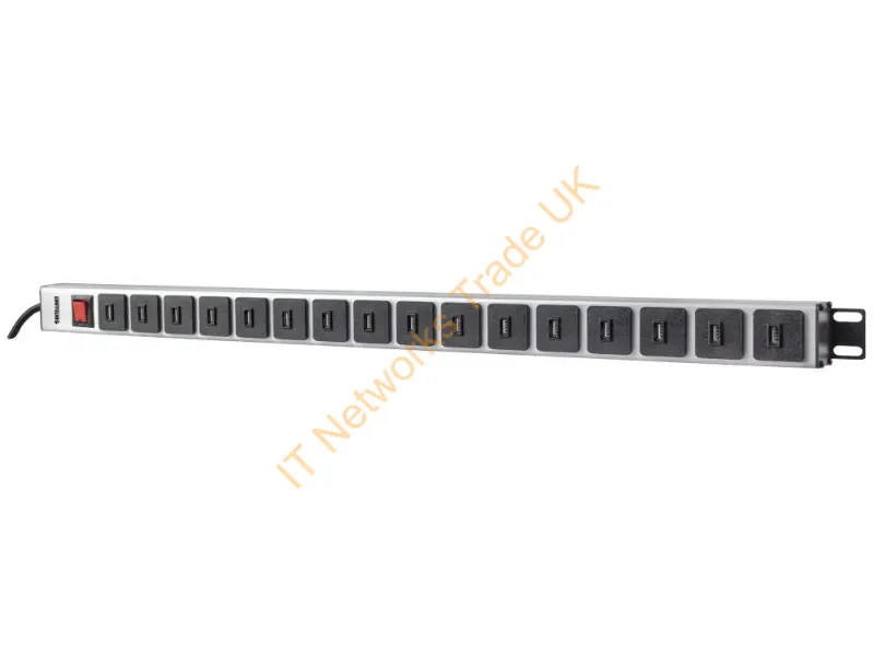 164498 - Intellinet Vertical Rackmount 16-Port USB-A Power Distribution Unit (CEE 7/7), With overload protection switch, 2.1 A Max. per Port, 2m Power Cord (Euro 2-pin plug)