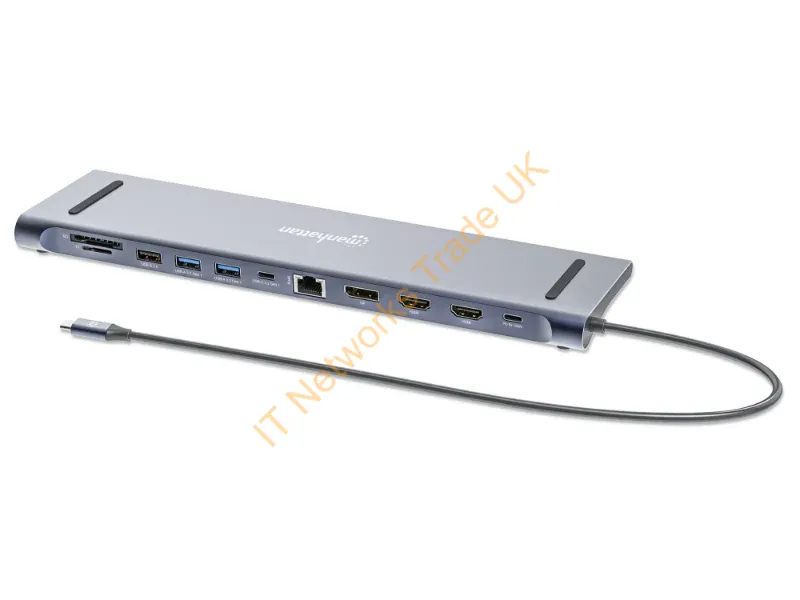 190305 - Manhattan USB-C Dock/Hub with Card Reader, Ports (x10): Audio 3.5mm, DisplayPort, Ethernet, HDMI (x2),USB-A (x3) and USB-C (x2),with PD 100W- requires external USB-C charger (not included). USB powered (no external power supply required) when PD is not in