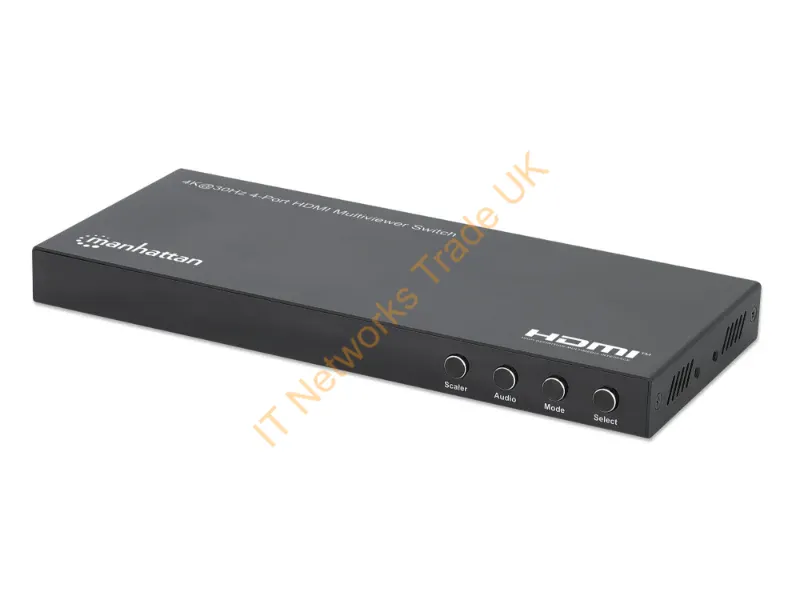208406 - Manhattan 4K 4-Port HDMI Multiviewer Switch, Switch with Four Inputs on One Display, 4k@30Hz, Multiple Viewing Options Including Picture-in-Picture and Dual/Quad Screen, Push Button or Remote Control, 3.5mm and Toslink Audio, Black, 3 Year Warranty