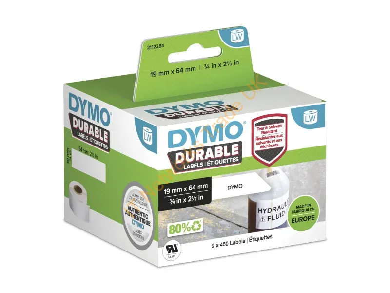 2112284 - DYMO LabelWriter Durable Industrial Labels | 19mm x 64mm | White Poly | 2 Rolls of 450 (900 Self-Adhesive Labels) | Authentic | For LabelWriter Label Makers