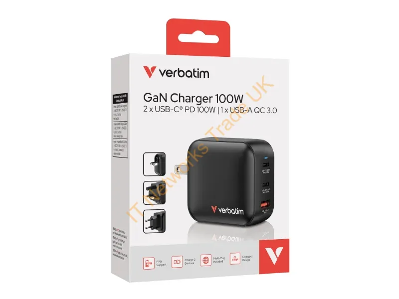 32230 - Verbatim Gan Charger 100W Universal Black Ac Fast Charging Indoor