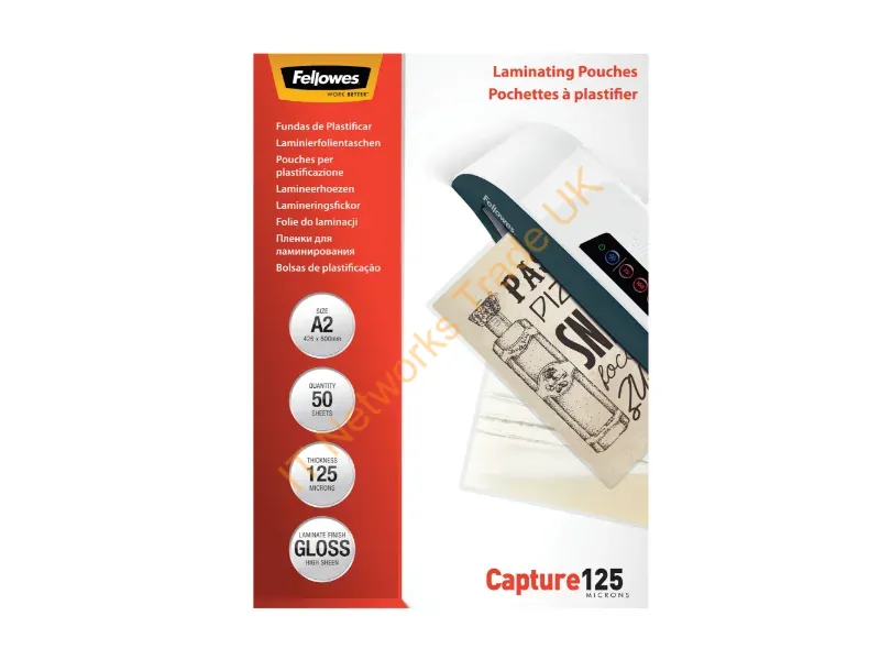 5309302 - Fellowes A2 Glossy 125 Micron Laminating Pouch 50 pack