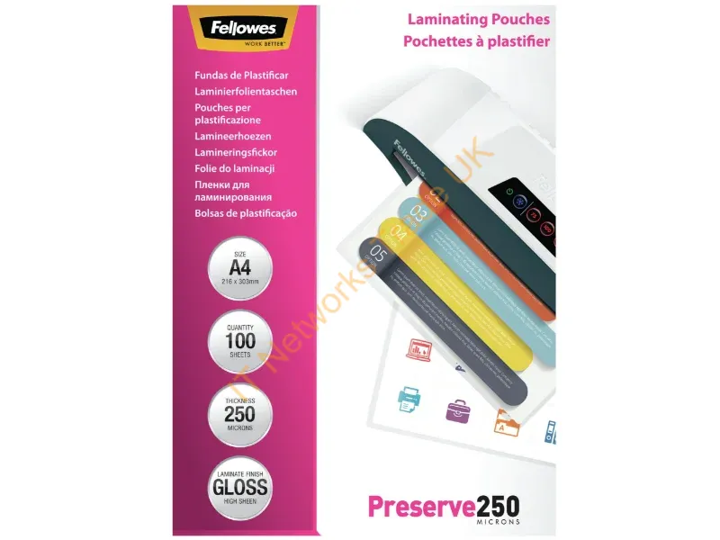 5401802 - Fellowes A4 Glossy 250 Micron Laminating Pouch 100 pack