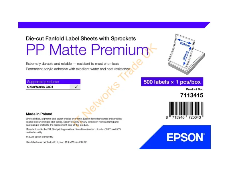 7113415 - Epson PP Matte Label Premium, Die-cut Fanfold Sheets with Sprockets, 203mm x 305mm, 500 Labels