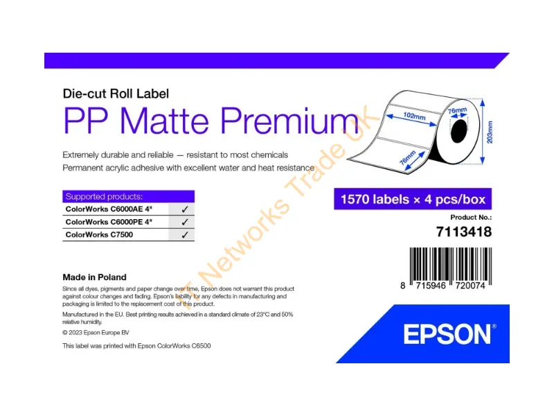 7113418 - Epson PP Matte Label Premium, Die-cut Roll, 102mm x 76mm, 1570 Labels