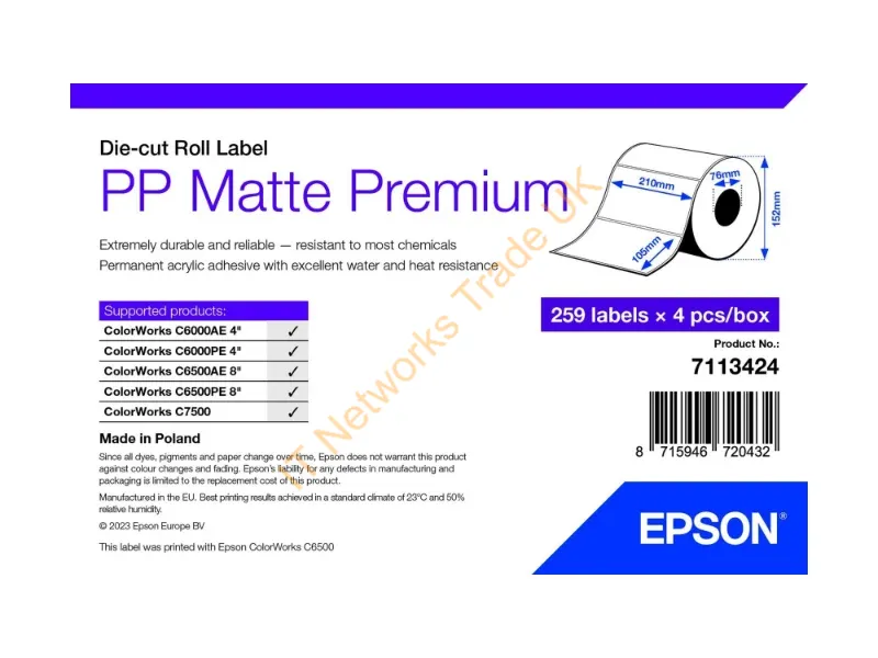 7113424 - Epson PP Matte Label Premium, Die-cut Roll, 105mm x 210mm, 259 Labels