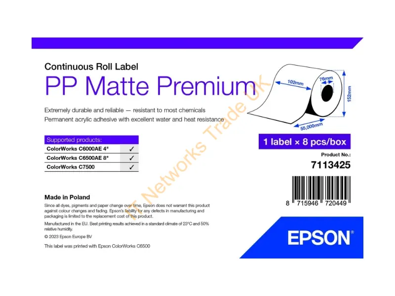 7113425 - Epson PP Matte Label Premium, Continuous Roll, 102mm x 55m