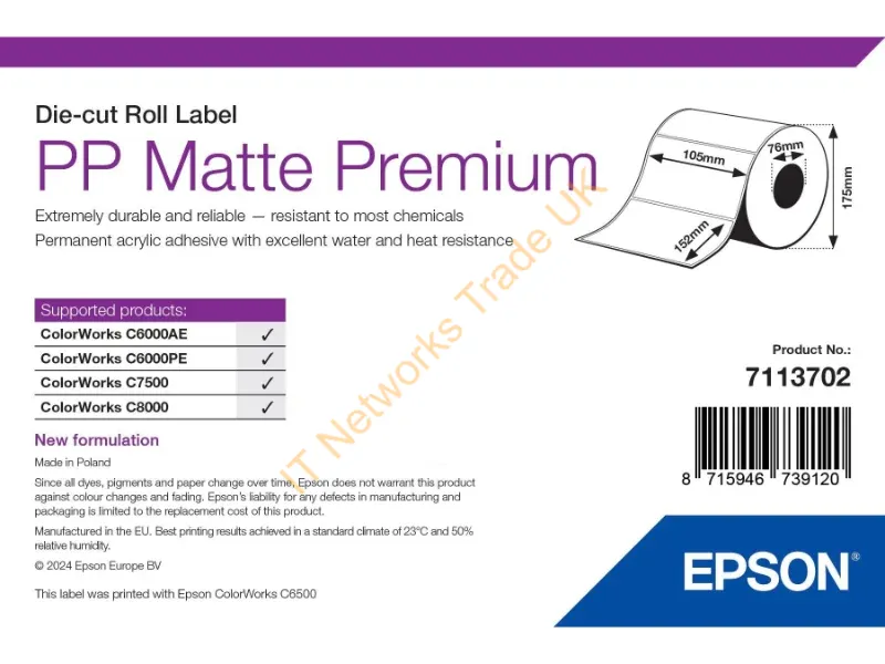 7113702 - Epson PP Matte Label Premium, Die-cut Roll, 105mm x 152mm, 800 Labels
