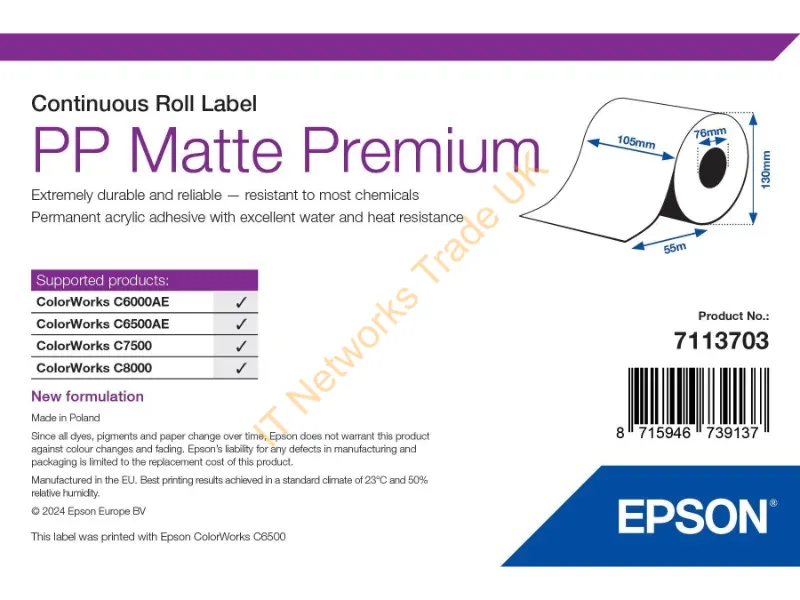 7113703 - Epson PP Matte Label Premium, Continuous Roll, 105mm x 55m