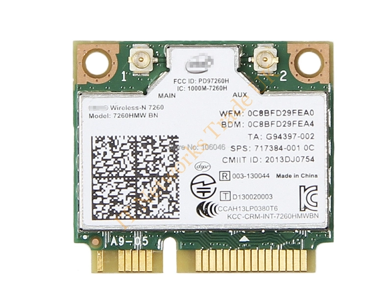 7260.HMWBNWB Intel 7260HMW BN IEEE 802.11n PCI-Express Bluetooth 4.0 Wi-Fi/Bluetooth Combo Adapter 300 Mbps Internal Wireless LAN Card