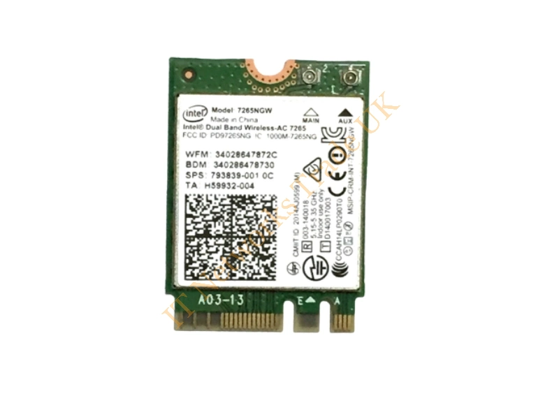 7265.NGWWB.W Intel 7265 IEEE 802.11AC Bluetooth 4.0 WI-FI/Bluetooth Combo Adapter 867 MBIT/S 2.40 GHz ISM 5 GHz UNII Wireless LAN Card