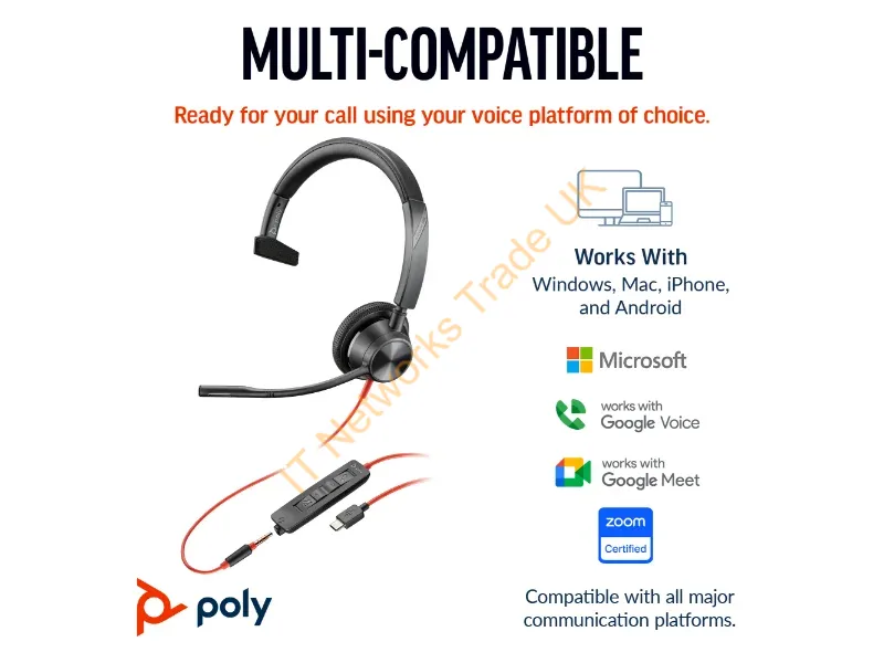 8X217AA - Hp Poly Blackwire 3315 Monaural Usb-C Headset +3.5Mm Plug +Usb-C/A Adapter
