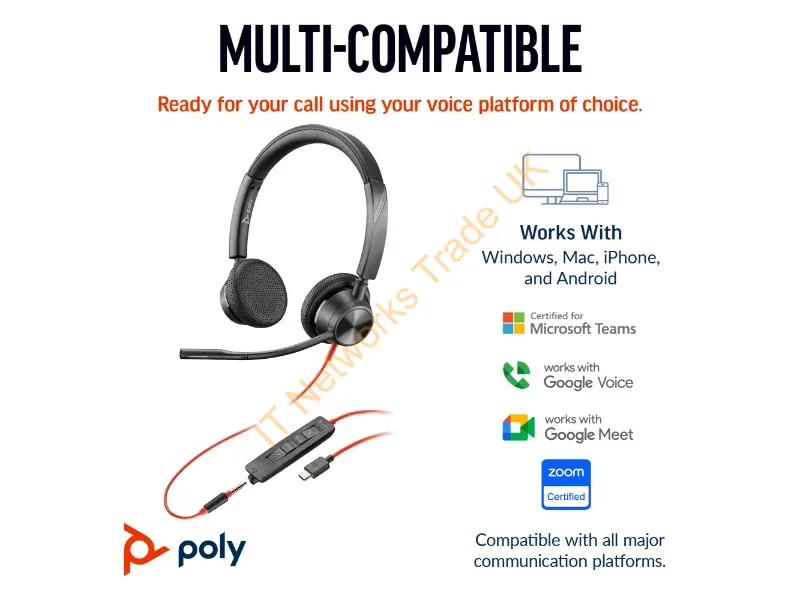8X222AA - Hp Poly Blackwire 3325 Stereo Microsoft Teams Usb-C Headset +3.5Mm Plug +Usb-C/A Adapter