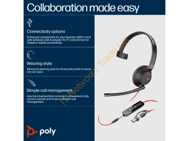8X230A6 - Hp Poly Blackwire 5210 Monaural Usb-C Headset +3.5Mm Plug +Usb-C/A Adapter (Bulk)