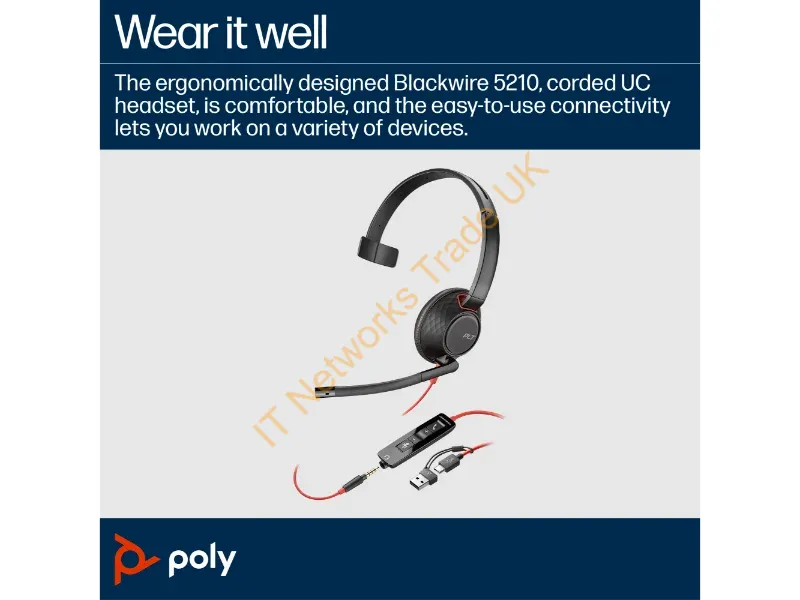8X230AA - Hp Poly Blackwire 5210 Monaural Usb-C Headset +3.5Mm Plug +Usb-C/A Adapter
