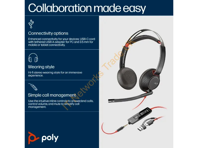 8X231AA - Hp Poly Blackwire 5220 Stereo Usb-C Headset +3.5Mm Plug +Usb-C/A Adapter
