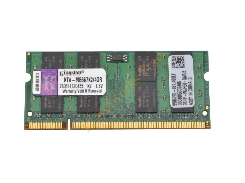 9905295-081.A00LF Kingston 4GB Kit (2 X 2GB) DDR2-667MHz PC2-5300 non-ECC Unbuffered CL5 200-Pin SoDimm Memory (Kit of 2) Laptop Memory