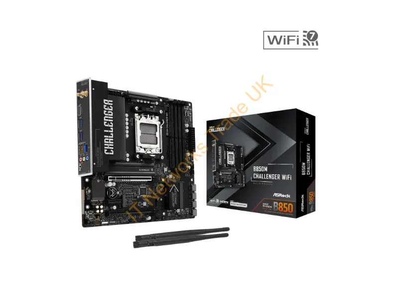 B850MCHALLENGERWIFI - Asrock B850M Challenger WiFi AMD AM5 Socket Motherboard, Micro-ATX, 4x DDR5 Slots, 2x M.2 Socket, Fitted I/O Shield, 2.5GbE LAN, Wi-Fi 7, 1x HDMI Port