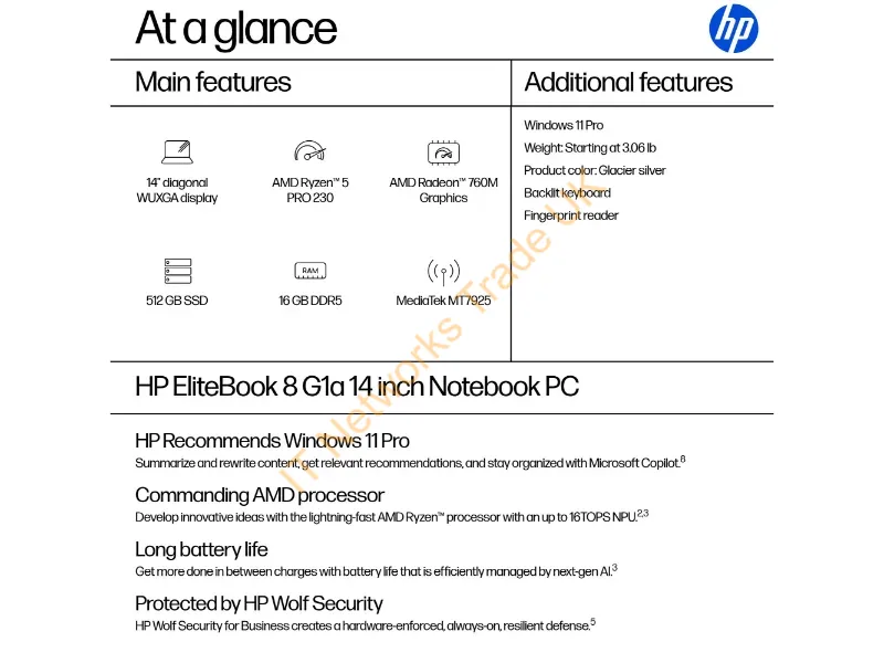 BA4H5AW#ABA - Hp Elitebook 8 G1A 14 Inch Notebook Pc Amd Ryzen 5 Pro 230 Laptop 14" Wuxga 16 Gb Ddr5-Sdram Wi-Fi 7 (802.11Be) Windows 11 Pro Ai Pc Silver