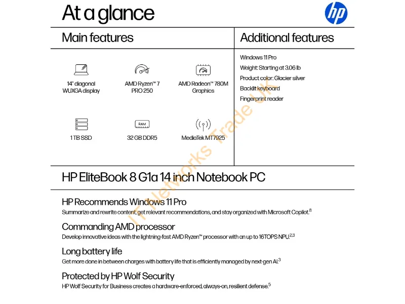 BA4X0AW#ABA - Hp Elitebook 8 G1A 14 Inch Notebook Pc Amd Ryzen 7 Pro 250 Laptop 14" Wuxga 32 Gb Ddr5-Sdram Wi-Fi 7 (802.11Be) Windows 11 Pro Ai Pc Silver