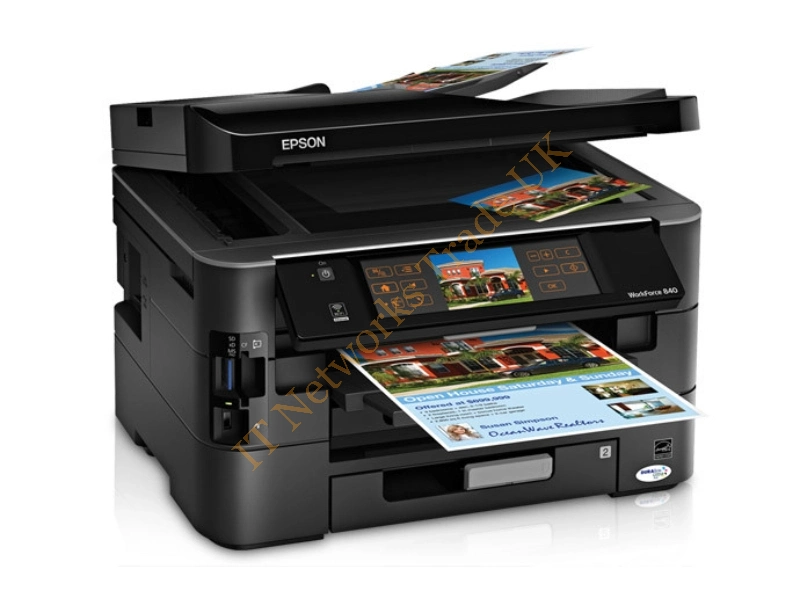 C11CA97201 Epson WorkForce 840 (5760 x 1440) dpi 15ppm (Mono) / 9.3ppm (Color) 33.6Kbps Fax Modem 500-Sheets USB 2.0 Ethernet 10/100Mbps Wi-Fi 802.11bb