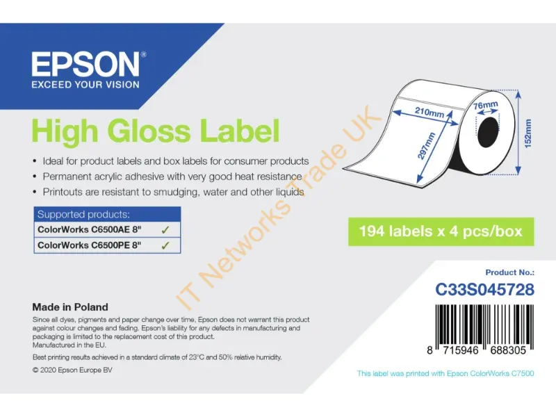 C33S045728 - Epson High Gloss Label Die-Cut Roll: 210mm x 297mm, 194 labels