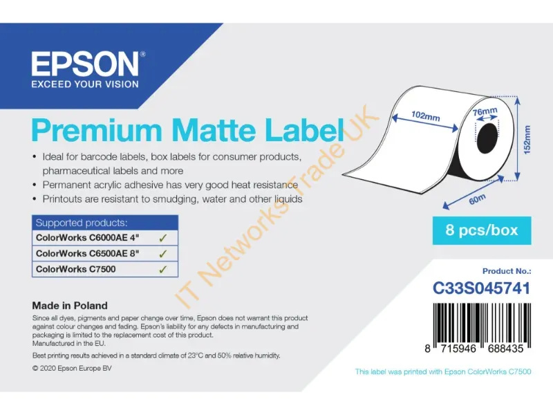 C33S045741 - Epson Premium Matte Label Continuous Roll: 102mm x 60m