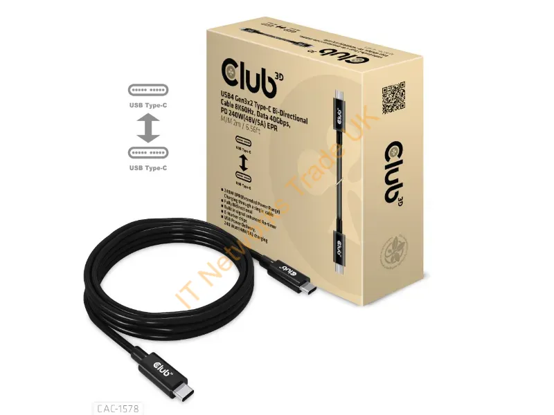 CAC-1578 - CLUB3D USB4 Gen3x2 Type-C Bi-Directional Cable 8K60Hz, Data 40Gbps, PD 240W(48V/5A) EPR M/M 2m / 6.56ft