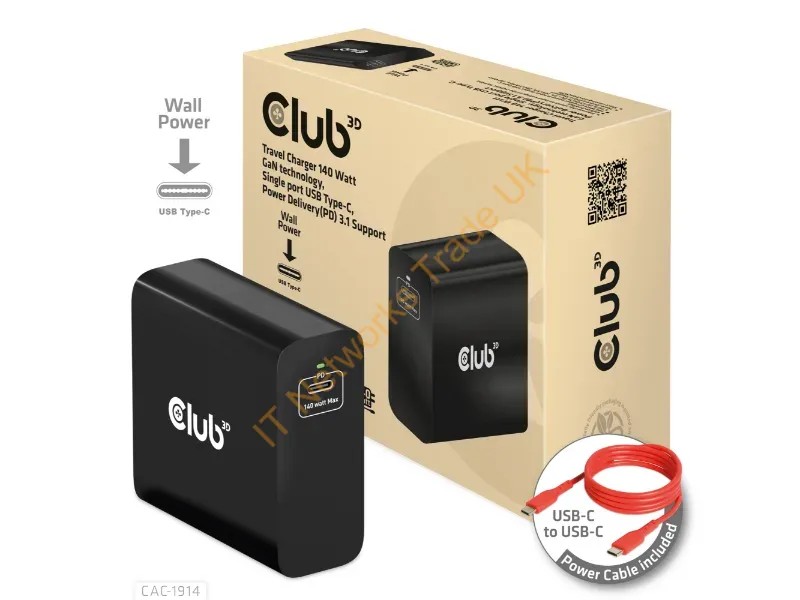 CAC-1914 - Club3D Travel Charger 140 Watt Gan Technology, Single Port Usb Type-C, Power Delivery(Pd) 3.1 Support