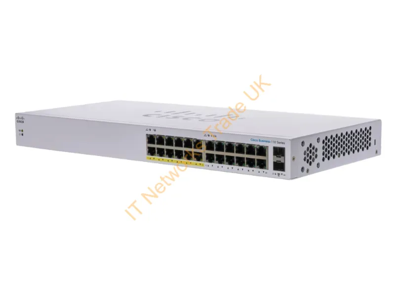 CBS110-24PP-UK - Cisco Cisco Business 110 Series 110-24PP Switch unmanaged 12 x 10/100/1000 (PoE) + 12 x 10/100/1000 + 2 x combo Gigabit SFP rack-mountable, desktop, wall-mountable PoE (100 W) remanufactured