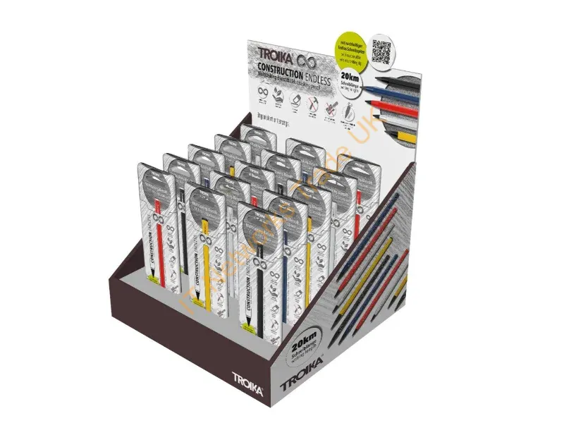 CD137 - TROIKA Counter display incl. 15 x CONSTRUCTION ENDLESS Multitasking pencil, pre-sorted (each 3 x PEN20/YE, PEN20/RD, PEN20/SI, PEN20/DB, PEN20/BK), for self-service, cardboard, matt, Multicoloured