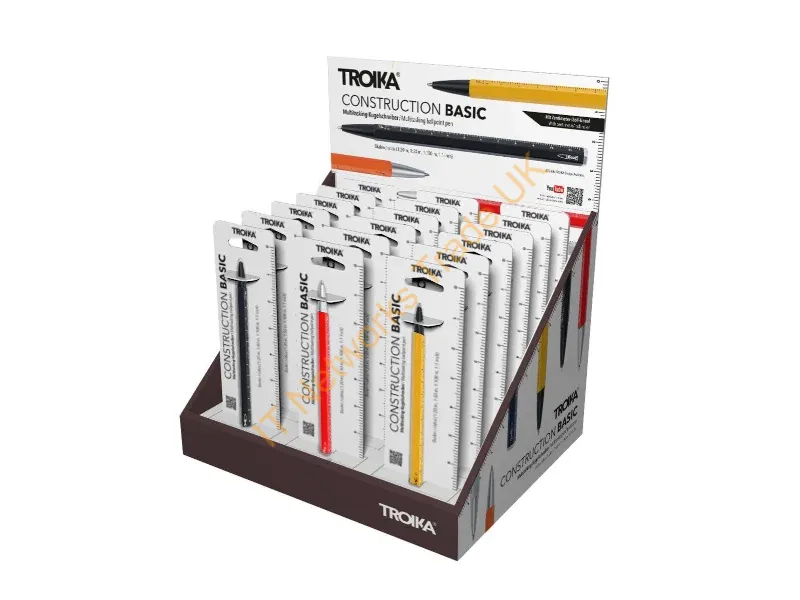 CD147 - TROIKA Counter display incl. 18 x CONSTRUCTION BASIC multi-function ballpoint pen, presorted (each 3 x PES40/BK, PES40/DB, PES40/NO, PES40/RD, PES40/SI, PES40/YE), for self-service, cardboard, matt, Multicoloured