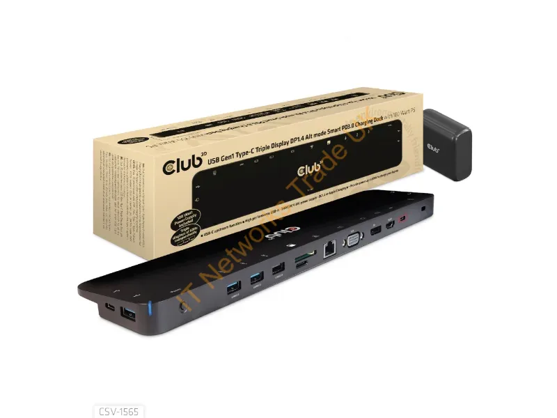 CSV-1565 - Club3D Usb Gen1 Type-C Triple Display Dp1.4 Alt Mode Smart Pd3.0 Charging Dock With 100 Watt Power Supply