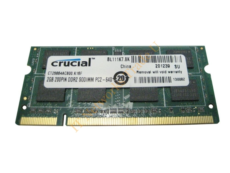 CT25664AC800.K16F Crucial 2GB DDR2-800MHz PC2-6400 non-ECC Unbuffered CL6 200-Pin SoDimm Dual Rank Memory Module Laptop Memory