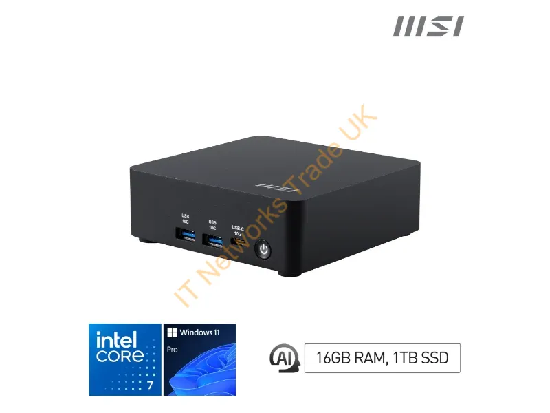 CUBINUCAI1UMGI7155HFS16GB1TBW11P - MSI Cubi NUC AI 1UMG Intel Core Ultra 7 155H, Desktop PC, NUC, SFF, Mini Computer, HTPC, (16GB RAM, 1TB Storage, Windows 11 PRO), Intel Graphics/DDR5/Dual ThunderBolt 4/Dual HDMI/Dual LAN/WiFi 6E/BT 5.3/VESA