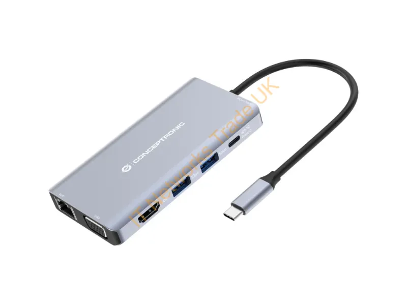 DONN20G - Conceptronic DONN20G 10-in-1 USB 3.2 Gen 1 Docking Station, HDMI, VGA, USB-A 5Gbps, USB-C 5Gbps, SD, TF/MicroSD, Audio, GbE LAN, 100W USB PD