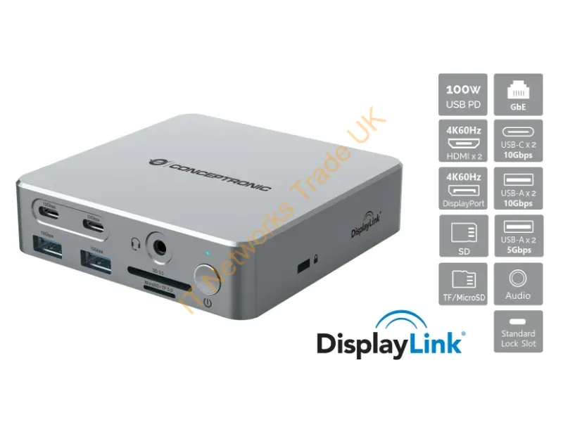 DONN25G - Conceptronic DONN25G 15-in-1 DisplayLink USB 3.2 Gen 2 Docking Station, Triple 4K60Hz Display, HDMI x 2, DisplayPort, USB-C 10Gbps x 2, USB-A 10Gbps x 2, USB-A 5Gbps x 2, SD, TF/MicroSD, GbE, Audio, DC in, Security Slot, PD 3.0