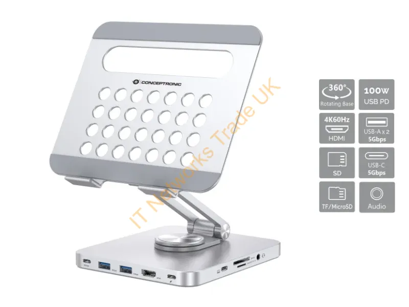 DONN26G - Conceptronic Tablet Stand with 8-in-1 Docking Station 360 Rotating Base Foldable Adjustable Height