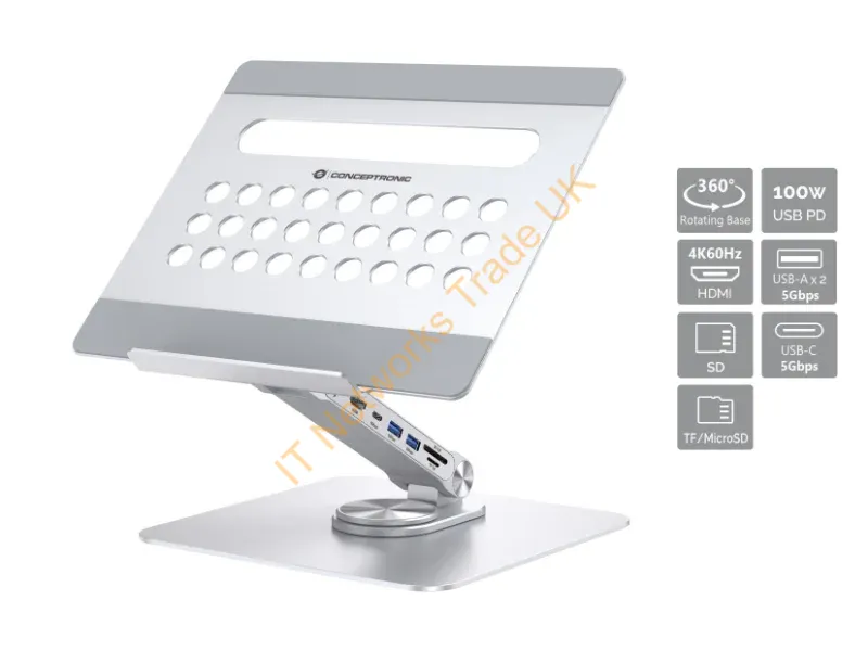 DONN27G - Conceptronic Laptop Stand with 7-in-1 Docking Station 360 Rotating Base Foldable Adjustable Height