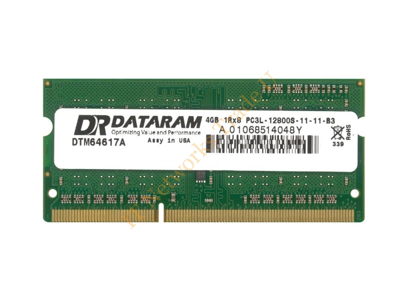 DTM64617A Dataram 4GB DDR3-1600MHz PC3-12800 non-ECC Unbuffered CL11 204-Pin SoDimm Single Rank Memory Module Laptop Memory