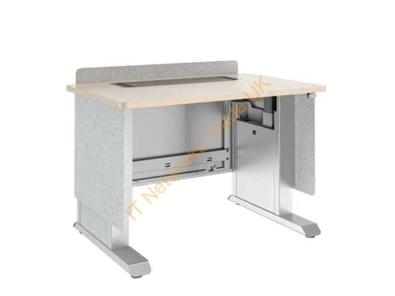 FML-42AE1MS-UK - Middle Atlantic Products Forum� Lectern, 42" Wide, Electrically Height Adjustable, Wilsonart� Kensington Maple, Magnesium Powdercoat, Silver Gray Felt with Power for UK