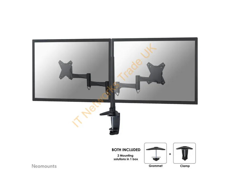 FPMA-D1330DBLACK - Newstar Full Motion Dual Desk Mount (clamp & grommet) for two 10-27" Monitor Screens, Height Adjustable Black Monitor Accessory