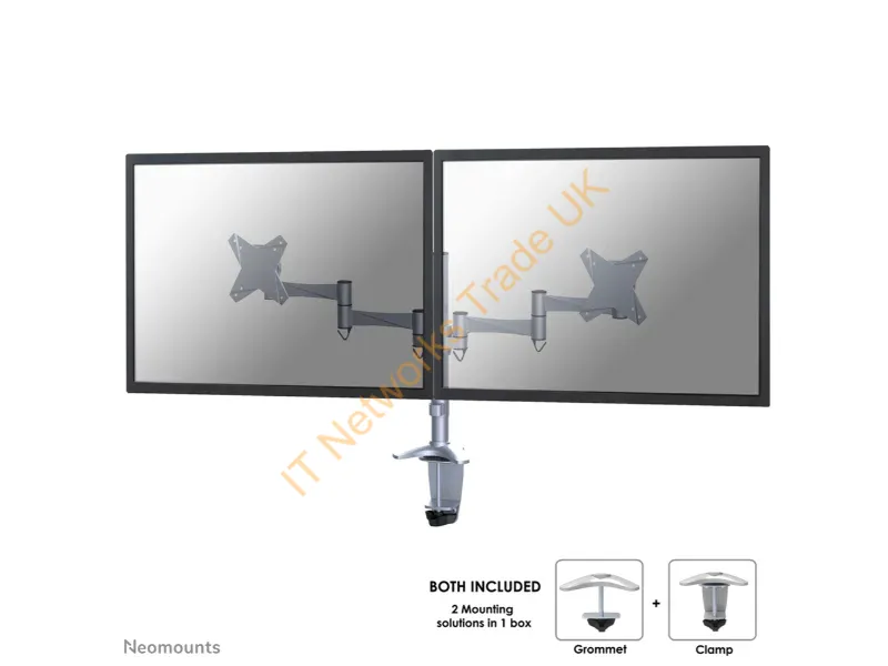 FPMA-D1330DSILVER - Newstar Full Motion Dual Desk Mount (clamp & grommet) for two 10-27" Monitor Screens, Height Adjustable Silver Monitor Accessory
