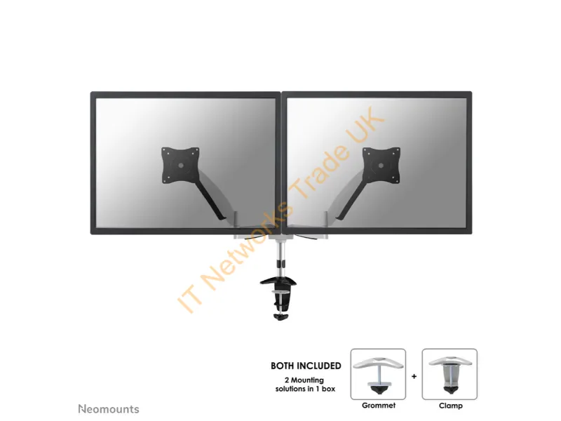 FPMA-D950D - Newstar Full Motion Dual Desk Mount (clamp & grommet) for two 10-27" Monitor Screens, Height Adjustable (gas spring) Silver Monitor Accessory