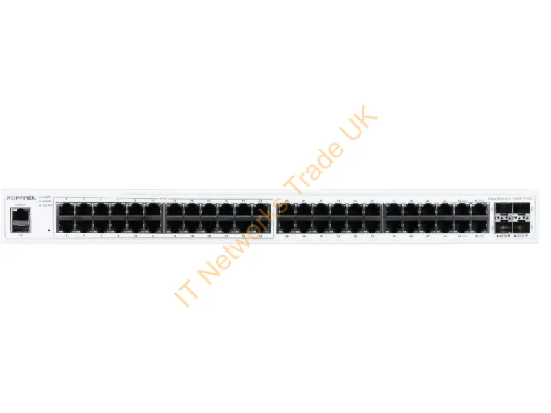 FS-148F-POE - FortiSwitch-148F-POE Layer 2 FortiGate switch controller compatible PoE+ switch with 48x 1G RJ45 and 4x 10G/1G SFP+/SFP ports and 1x RJ45 console port. Ports 1 to 24 support PoE+ with maximum 370W PoE output limit.