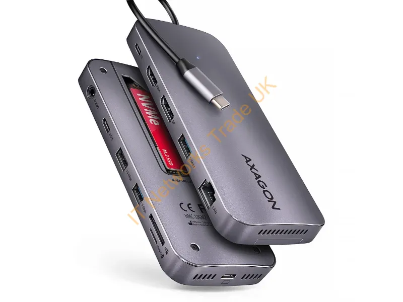 HMC-12GM2 - Axagon HMC-12GM2, USB 10Gbps hub, 3x USB-A, USB-C, HDMI, DP, RJ-45, M.2, SD/mSD, audio, PD
