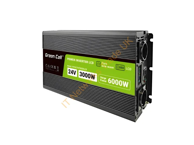 INVGC24P3000LCD - Green Cell Przetwornica napicia PowerInverter LCD 24 V 3000W/60000W Przetwornica samochodowa z wywietlaczem czysty sinus power adapter/inverter Auto Black