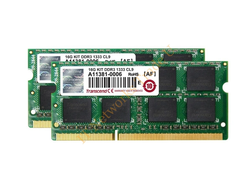 JM1333KSH-16GK Transcend JetRam 16GB Kit (2 X 8GB) DDR3-1333MHz PC3-10600 non-ECC Unbuffered CL9 204-Pin SoDimm Dual Rank Memory Laptop Memory